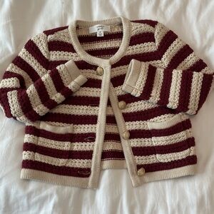Avenue Burgundy and Cream Striped Crochet Knit Cardigan - Kids